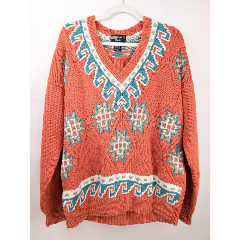 Vintage 90s Southwestern Chunky Knit Sweater Sz L Orange V Neck Aztec Boho Retro